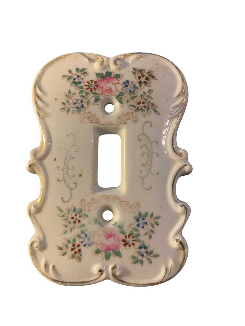 Vintage Porcelain Single Light Switch Plate Cover Scalloped Floral Cottagecore